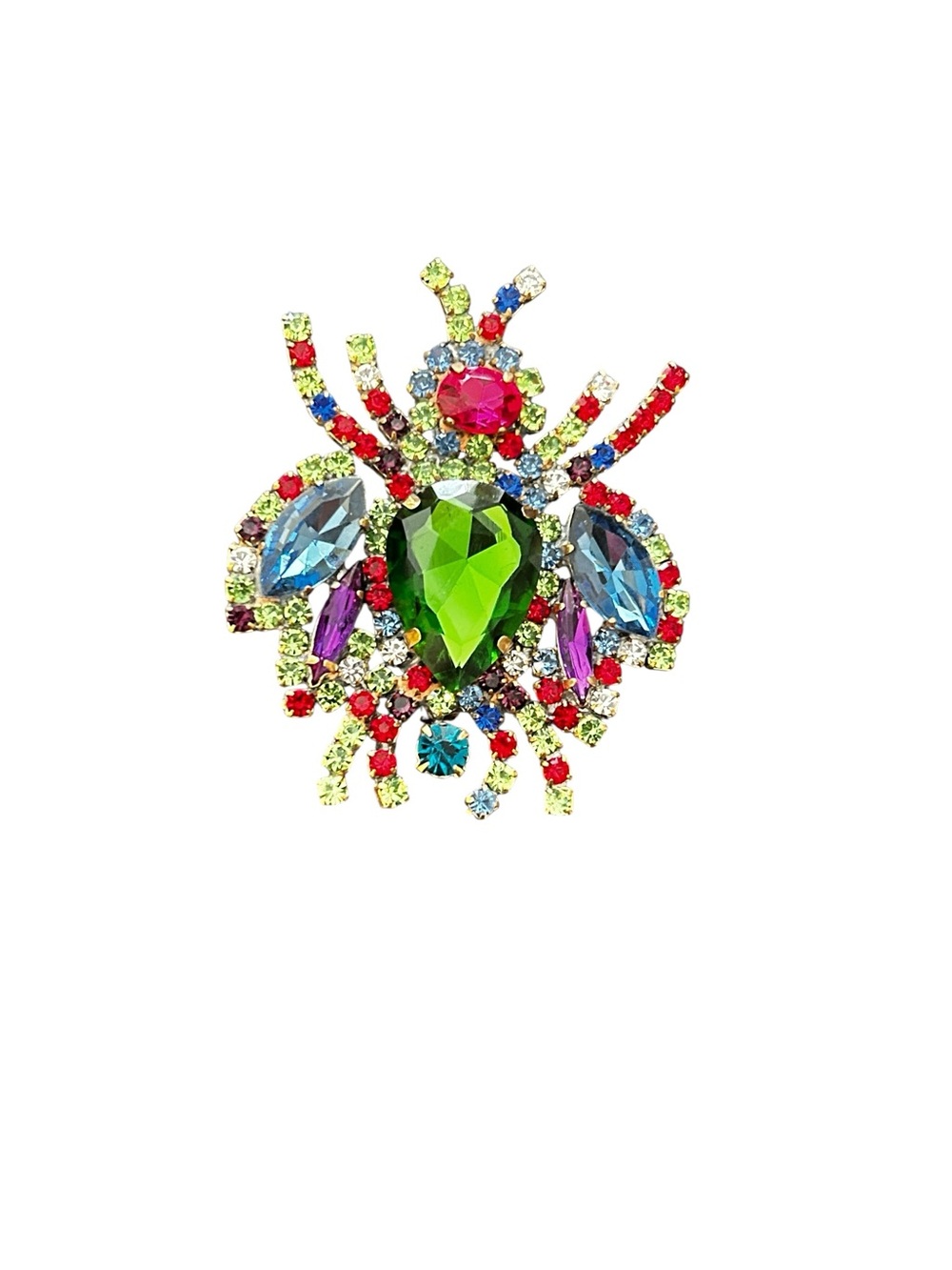 Vintage Multicolor Czech Crystal Spider Brooch - Green Center